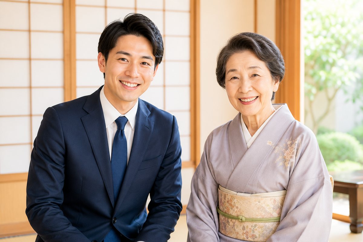 ご自宅で着物を査定する男性スタッフと、笑顔のお客様（イメージ）