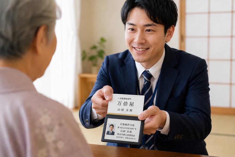 名刺と古物商許可証を提示する査定士