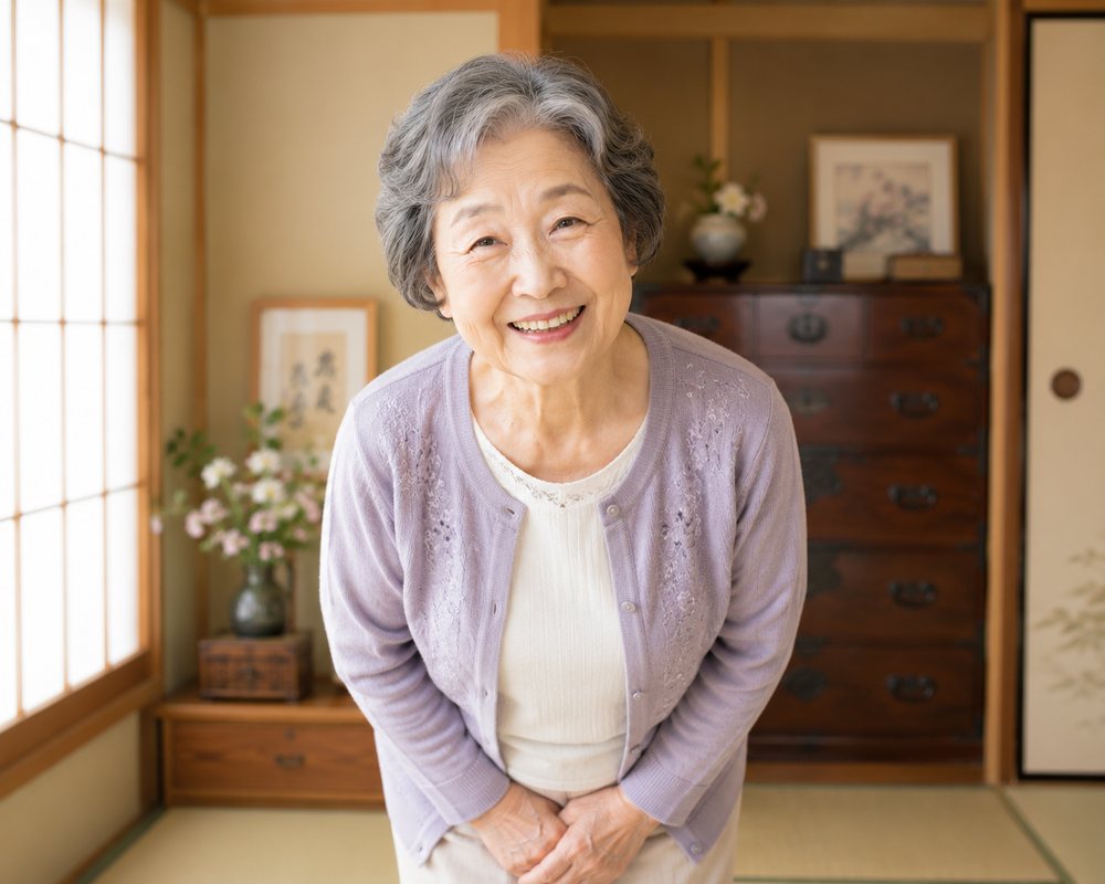 出張査定を終えて笑顔でお辞儀する70代の女性