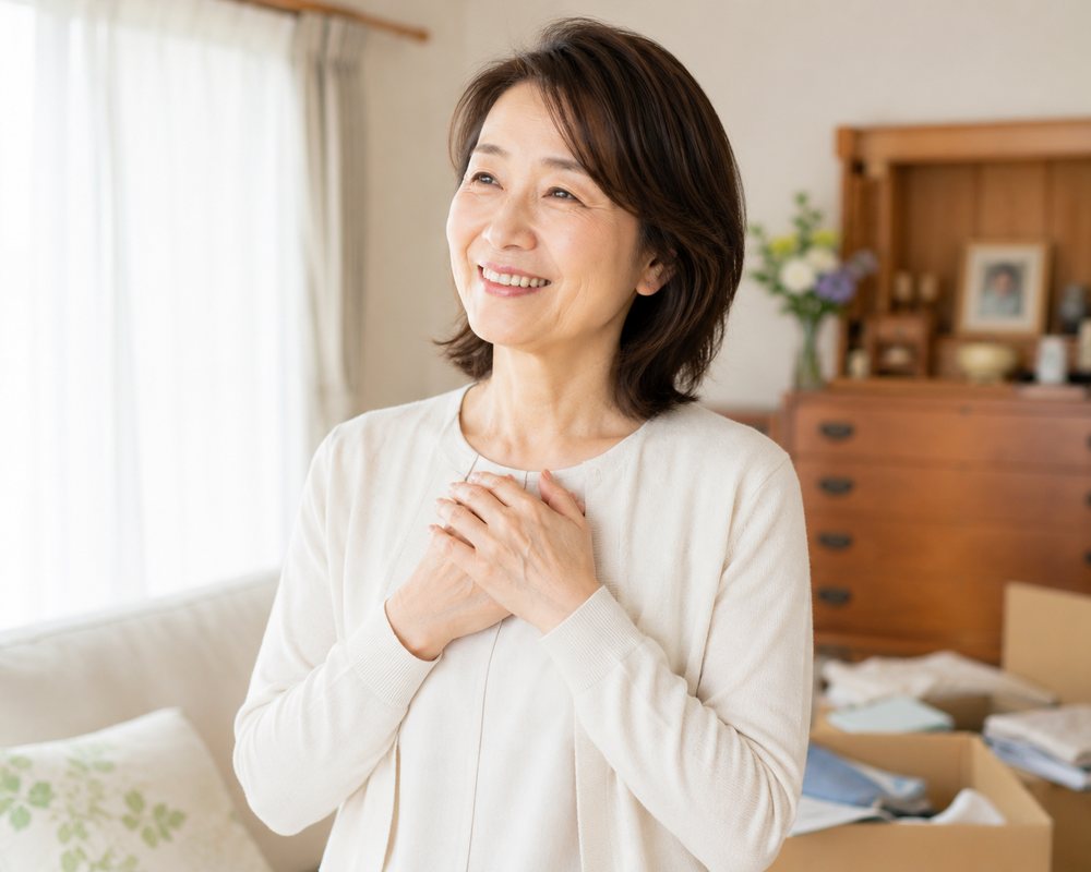実家の着物整理を終えて安心した表情の娘世代の女性